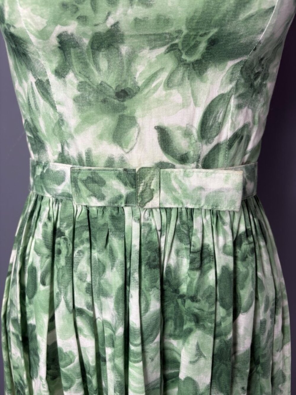 Vintage 1950s Womens XXS/00 Green Floral Belted Fit n Flare Dress Kay Juniors - Picture 4 of 14